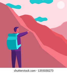 man with backpack hiking in the mountains and point to top of mountain to go, flat vector illustration. 