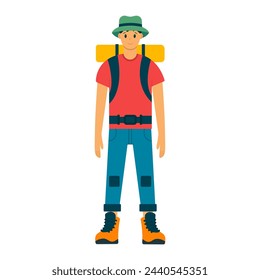 A man with a backpack. Hiking and trekking in nature. Vector illustration