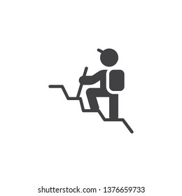 Man with a backpack hiking vector icon. filled flat sign for mobile concept and web design. Tourist climbs the mountain glyph icon. Symbol, logo illustration. Pixel perfect vector graphics