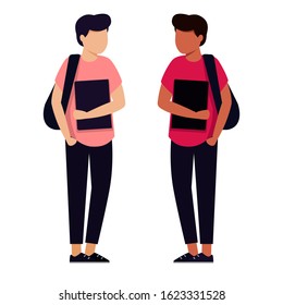 A man with a backpack is holding books. The student goes to class. A character in the flat style.