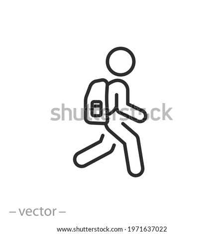 man with backpack, icon, activity hiking, walk human, journey outdoor concept, thin line symbol on white background - editable stroke vector eps10