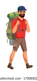 Man With Backpack Isolated Person. Male Traveler In Tourist Clothes Is Engaged In Hiking, Mountaineering, Backpacking Trip, Expedition. Sport, Lifestyle, Hobby Concept. Vector Character Illustration