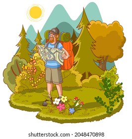 Man with backpack isolated person. Male traveler in tourist clothes is engaged in hiking, mountaineering, backpacking trip, expedition. Sport, lifestyle, hobby concept. Vector character illustration