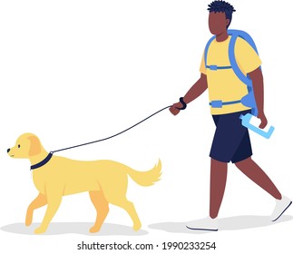 Man with backpack and labrador semi flat color vector character. Trekker figure. Full body person on white. Hiker on walk isolated modern cartoon style illustration for graphic design and animation