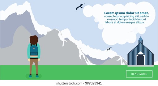 Man with backpack looking at the mountains. A man with a backpack on a journey. Banner of the journey in a modern flat style. Illustration traveler in the mountains. The man goes on a journey.