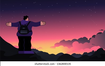 Man with backpack looking at the pink sunset, traveller or explorer standing on top of mountain or cliff on valley. Concept of discovery, exploration, hiking, adventure tourism and travel. 