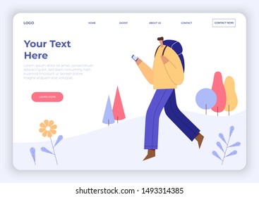Man with backpack, looking at smartphone. Cartoon traveler male character, tourist, hiking. Landing page template. Flat vector illustration. Use in web projects and applications.