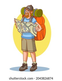 a man with a backpack looks at his destination from the map