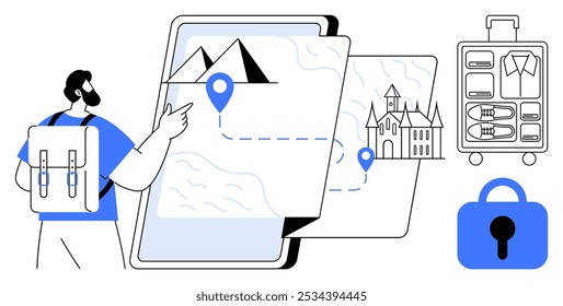 Hombre con una mochila mira un mapa de viaje con ubicaciones marcadas en un dispositivo. Hay una maleta llena de ropa y un icono de candado. Ideal para viajes, navegación, planificación de viajes, organización