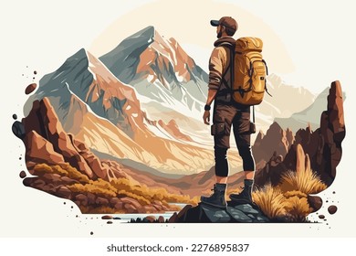 Ein Mann mit Rucksack in den Bergen. Der Reisende steht auf der Bergspitze und blickt in die Ferne. Flache Vektorgrafik