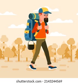 Man with backpack on a hike. Backpacker on forest background. Vector cartoon image.