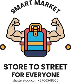 Um homem com uma mochila nos ombros com as palavras mercado inteligente acima dele. A imagem é preta e branca