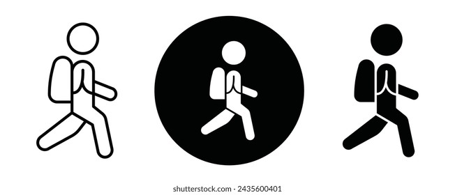Hombre con colección o conjunto de iconos de contorno de mochila. Hombre con la mochila Arte delgado de la línea del vector