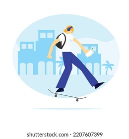 A man with backpack passing by the cities going to work or school using skateboard and holding a cup of coffee. Flat vector illustration 