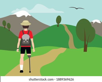 A man with a backpack and a prosthetic leg hacking in the mountains on a clear summer day and space to copy. The concept of overcoming