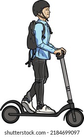 man with backpack ride scooter  