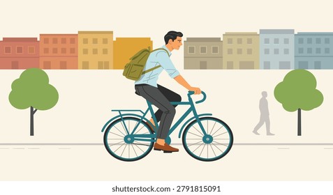 A man with a backpack rides a bicycle down a city street lined with colorful buildings and green trees, with a pedestrian walking by.