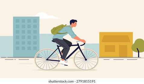 A man with a backpack rides a bicycle down a city street lined with buildings and a tree.