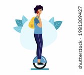 Man with backpack rides on monowheel and talks on  phone. Walk around  city on  mono wheel.