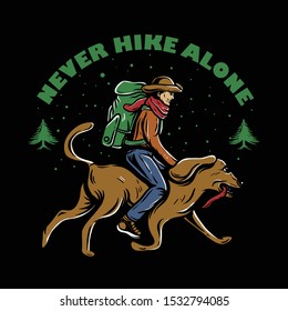 Man with backpack riding dog. Rescue dog walking side view. Never Hike Alone. Traveller and Explorer illustration for t-shirt design