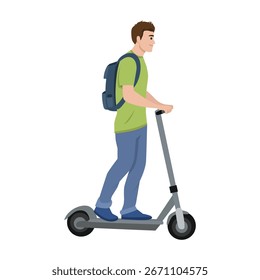 Hombre con una mochila montando una vespa eléctrica, que representa el estilo de vida urbano y respetuoso del medio ambiente. Ilustración vectorial plana aislada sobre fondo blanco