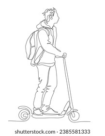 Man with backpack riding push scooter. Wearing jacket with hood. Mobile city transport in new reality. Continuous line drawing. Black and white vector illustration in line art style.