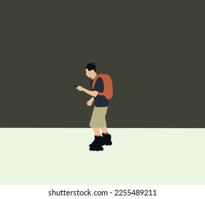 Man with backpack in roller skates holding smartphone skating through the city streets. Promotion, discounts, sale and online orders concept