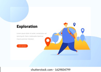 Man with backpack running near Mountaings with Geo Targets Pin Flat vector illustration. Landing Page design template.