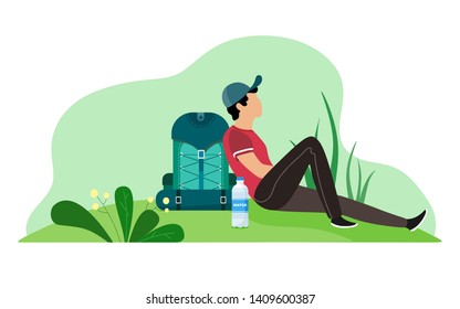 A man with a backpack sat down to quench his thirst. Vector illustration on white background. Leisure