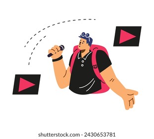 Hombre con mochila cantando o hablando por un micrófono. Reportero o periodista de medios masivos. Ilustración vectorial de personaje de Cartoon video maker con iconos de juego