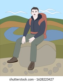 Man with backpack sitting on a big stone. Traveler with backpack sitting on a rock. Vector illustration in flat cartoon style.