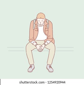 A man with a backpack is sitting on the road and resting. hand drawn style vector design illustrations.