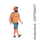 man with backpack smiling and walking icon isolated