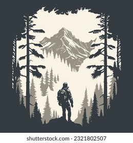 Man with backpack standing in the forest and looking on mountains. Concept of discovery, exploration, hiking, adventure tourism and travel. Vector illustration print.