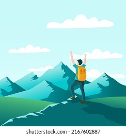 Man with backpack, standing on mountain or cliff and looking at mountain and forest view. Exploration, hiking, adventure tourism and travel. Flat vector illustration.