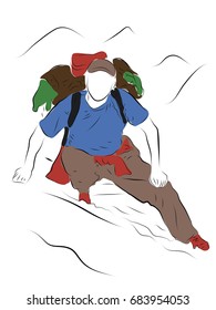 A man with a backpack is standing on a steep hillside and looking forward. Behind the mountains. Pencil drawing picture. A man on a hillside