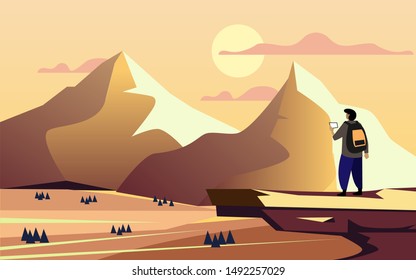 Man with backpack standing on top of mountain or cliff, Flat vector illustration. Concept of discovery, exploration, hiking, adventure tourism and travel.
