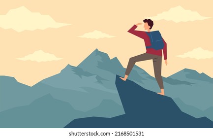 Man with Backpack Standing on the Top of Mountain