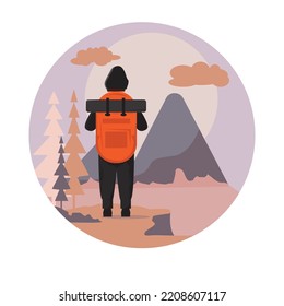 Hombre con mochila parado en lo alto de la colina al acantilado y mirando montaña . Concepto de descubrimiento, exploración, caminatas, turismo de aventura y viajes. Ilustración vectorial plana.
