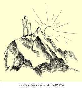 Man with backpack standing on top of the mountain peak, looking out into the distance. Sun, Hand drawn, vector, sketch