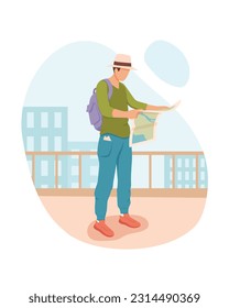 Man with backpack standing outside, holding map. Tourist in travel on vacation walking in interesting places. Sightseeing concept. Vector cartoon illustration in blue and green colors