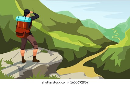 Der Mann mit Rucksack steht auf der Klippe und schaut auf den Bergweg. Klettern, Trekking, Wandern, Wandern. Abenteuer in der Natur. Panoramablick. Freizeit. Vektorillustration