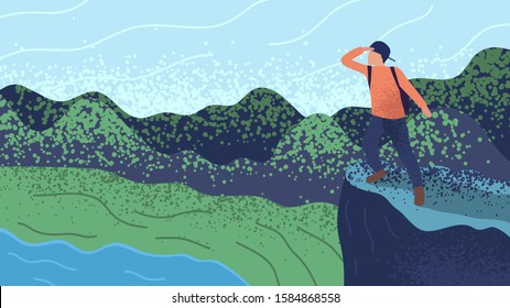 A man with a backpack stands on top of a rock and looks at the mountains. Flat design with dots. Concept of exploration, hiking, adventure tourism and travel. Landscape view. Vector illustration. 