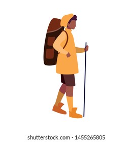 man with backpack and stick hiking traveler
