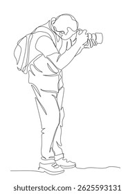 Homem com mochila tirando foto com câmera fotográfica. Vista lateral. Desenho de linha contínuo. Ilustração vetorial em preto-e-branco no estilo de arte em linha. 