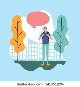 man with backpack talking bubble city park vector illustration