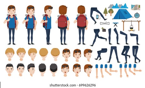 Man Backpack Travel Adolescence Creation Set. Animated Character. Icons With Different Types Of Faces, Hair Style, Emotions, Front, Rear, Side View Of Male Person. Moving Arms, Legs. Vector Isolated 