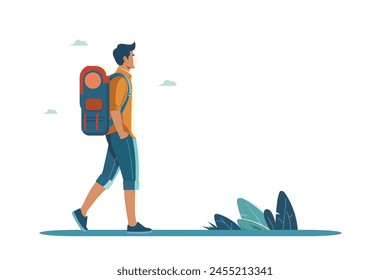 man with backpack travel. holiday vacation. flat design isolated Vector illustration