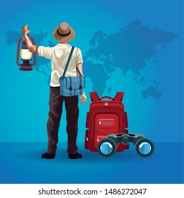 Man backpack travel with lantern and bag with binoculars cartoon on blue background with world map vector illustration graphic design.