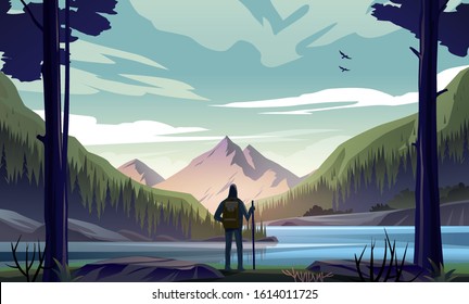 Man with backpack, traveler or explorer standing on the river bank and looking at valley. Concept of discovery, exploration, hiking, adventure tourism and travel. Flat vector nature landscape.